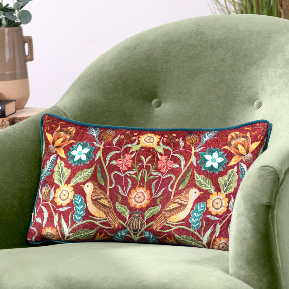Hawthorn Birds 30x50 Feather Filled Cushion Burgundy - Canwell Interiors Limited - Riva