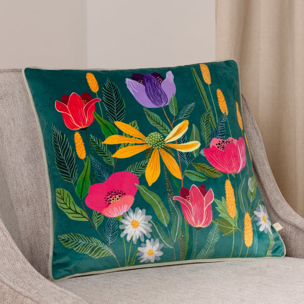 House of Bloom Celandine 43x43 Feather Filled Cushion Teal - Canwell Interiors Limited - Riva