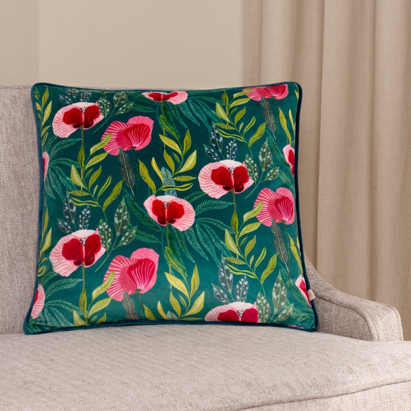 House of Bloom Poppy 43x43 Feather Filled Cushion Teal - XShowhome Limited - Riva