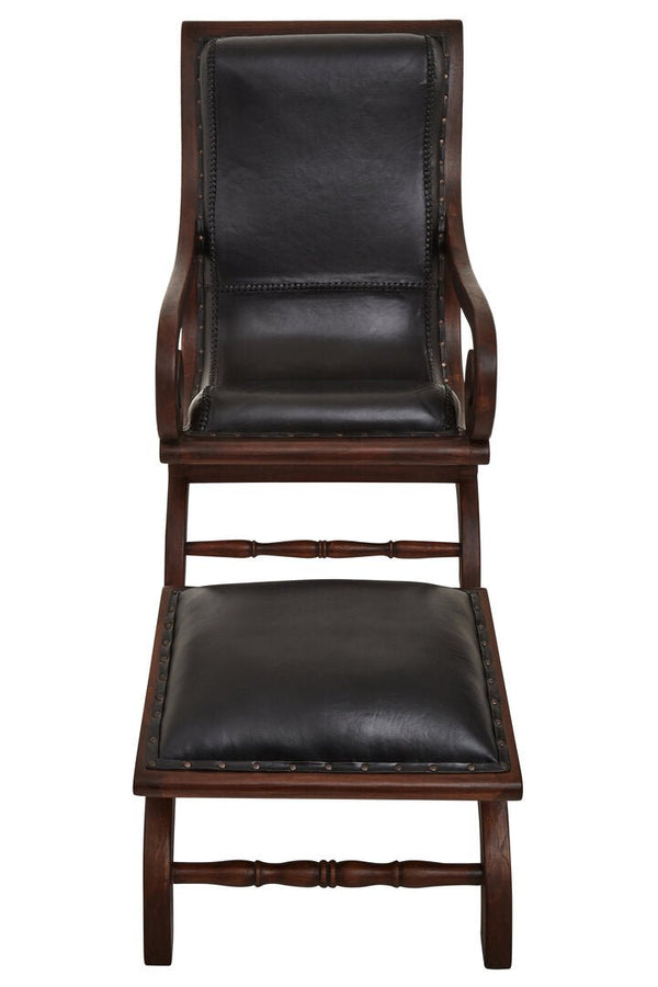 Inca Genuine Black Leather and Teak Lounge Chair with Footstool - Canwell Interiors Limited - Xshowhome