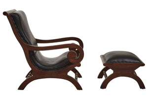 Inca Genuine Black Leather and Teak Lounge Chair with Footstool - XShowhome Limited - Xshowhome