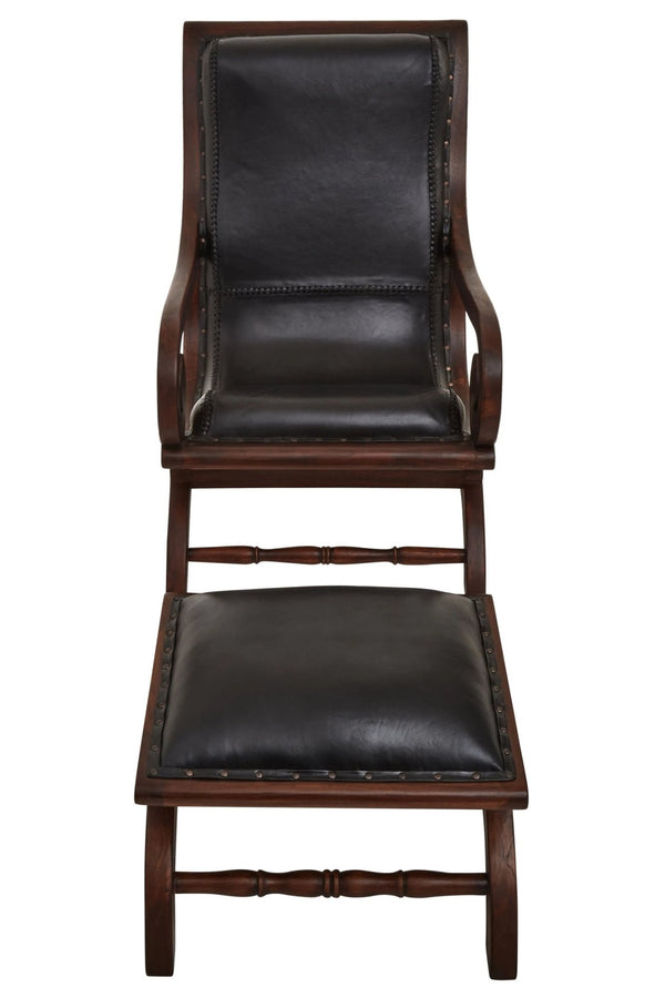Inca Genuine Black Leather and Teak Lounge Chair with Footstool - XShowhome Limited - Xshowhome