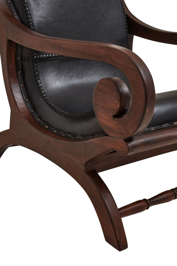 Inca Genuine Black Leather and Teak Lounge Chair with Footstool - XShowhome Limited - Xshowhome