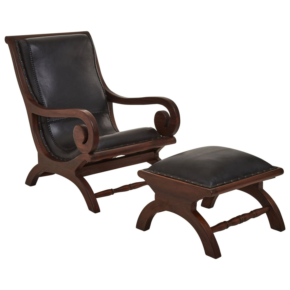 Inca Genuine Black Leather and Teak Lounge Chair with Footstool - XShowhome Limited - Xshowhome