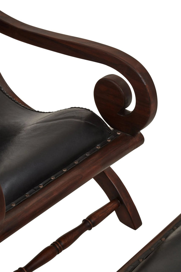Inca Genuine Black Leather and Teak Lounge Chair with Footstool - XShowhome Limited - Xshowhome