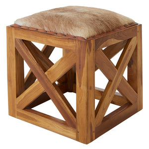 Kendari Hair on Leather and Teak Wood Square Stool - Canwell Interiors Limited - Xshowhome