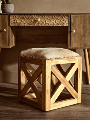 Kendari Hair on Leather and Teak Wood Square Stool - Canwell Interiors Limited - Xshowhome