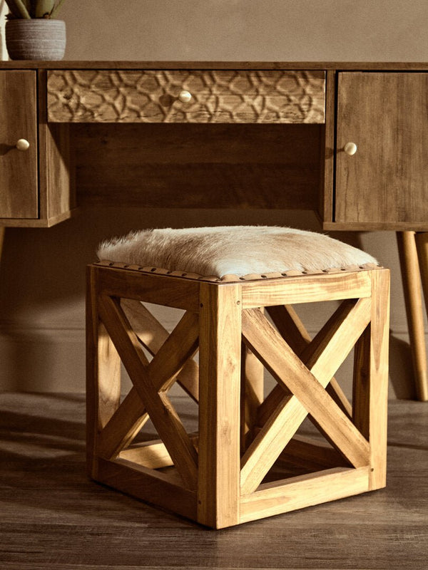 Kendari Hair on Leather and Teak Wood Square Stool - Canwell Interiors Limited - Xshowhome