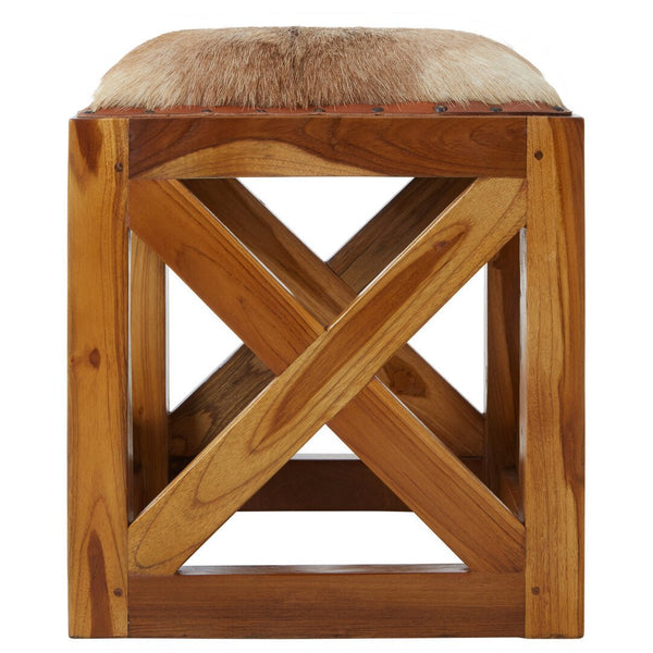 Kendari Hair on Leather and Teak Wood Square Stool - Canwell Interiors Limited - Xshowhome