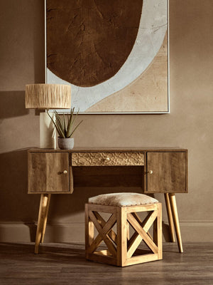Kendari Hair on Leather and Teak Wood Square Stool - Canwell Interiors Limited - Xshowhome