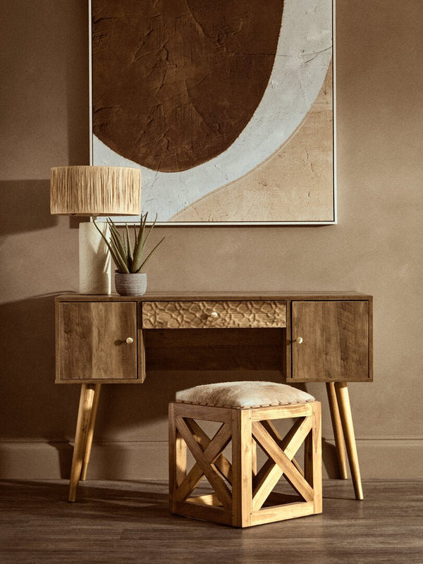 Kendari Hair on Leather and Teak Wood Square Stool - Canwell Interiors Limited - Xshowhome