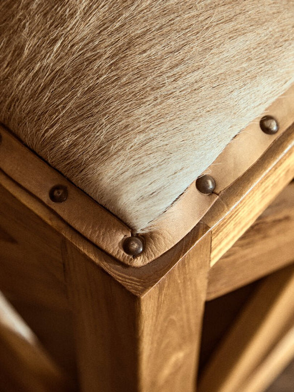 Kendari Hair on Leather and Teak Wood Square Stool - Canwell Interiors Limited - Xshowhome