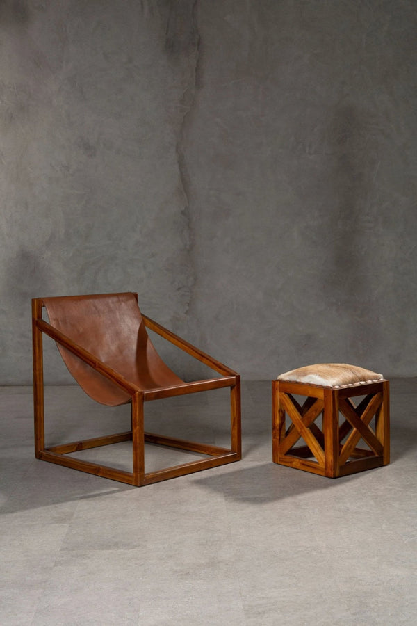 Kendari Hair on Leather and Teak Wood Square Stool - XShowhome Limited - Xshowhome