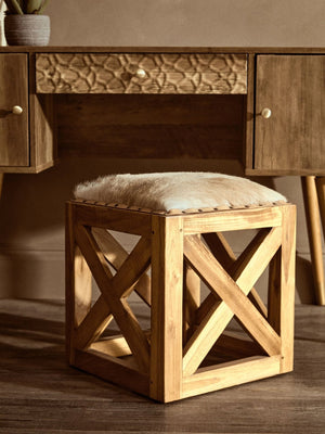 Kendari Hair on Leather and Teak Wood Square Stool - XShowhome Limited - Xshowhome