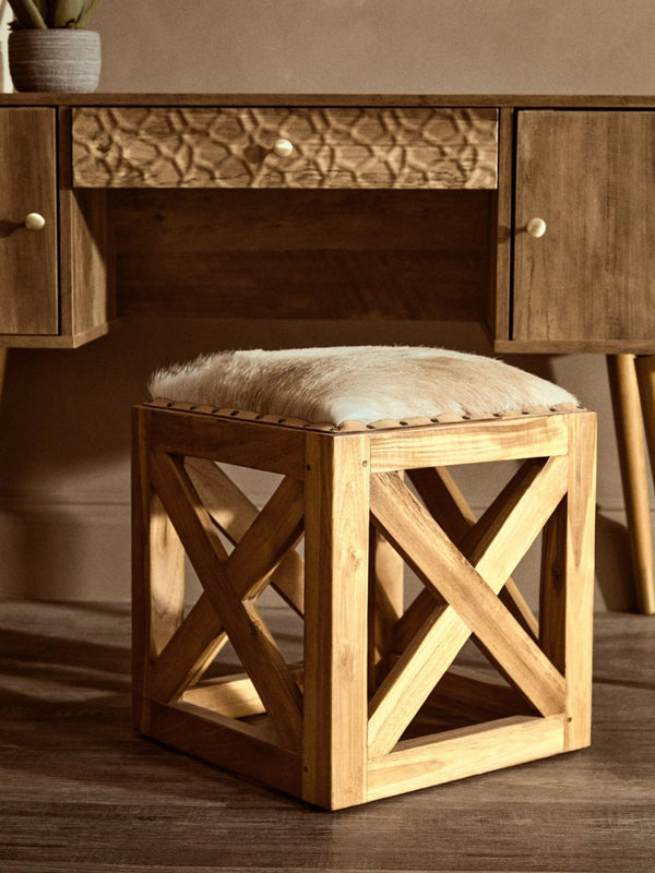 Kendari Hair on Leather and Teak Wood Square Stool - XShowhome Limited - Xshowhome
