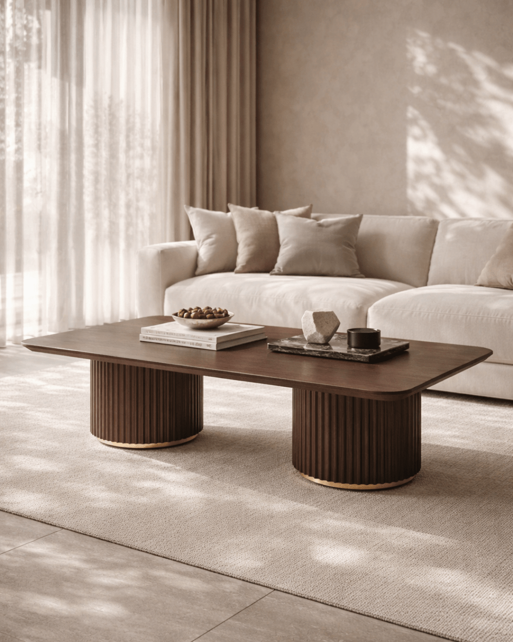 Lantine Coffee Table - Double Pedestal - Walnut & Brass - XShowhome Limited - Tommy Franks
