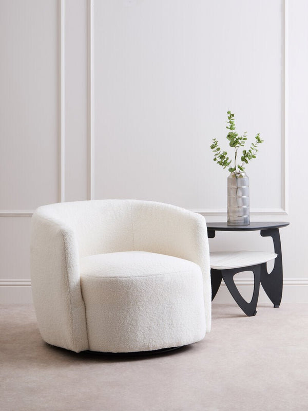 Montreal Ivory Boucle Effect Curved Lounge Chair With Swivel Base - Canwell Interiors Limited - Xshowhome