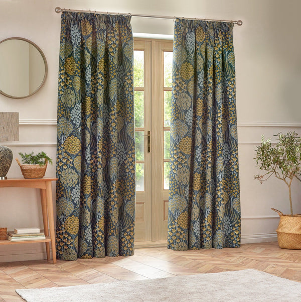 Ophelia 117x137 Pencil Pleat Curtains Blue/saffron - Canwell Interiors Limited - Riva