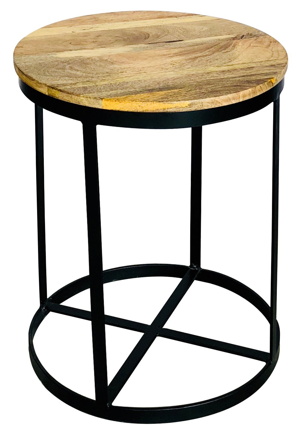 Ravi Iron Base Solid Wood Round Stool - Small - Canwell Interiors Limited - Jaipur