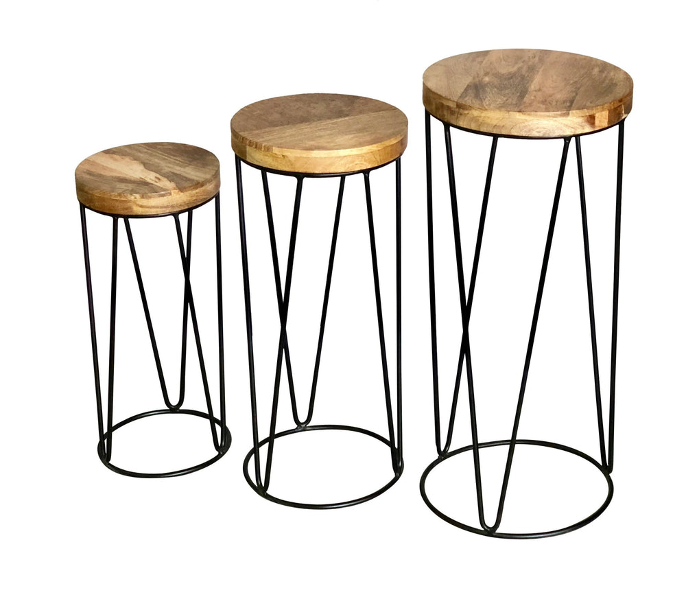 Ravi Iron Base Solid Wood Top Round Stool Set of 3 Pcs - ID9559755063626 - Canwell Interiors Limited - Jaipur