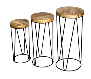Ravi Iron Base Solid Wood Top Round Stool Set of 3 Pcs - ID9559755063626 - Canwell Interiors Limited - Jaipur