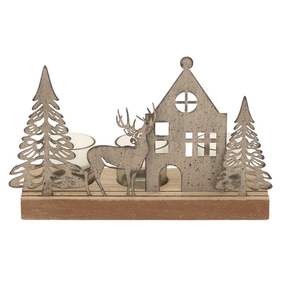Rustic Metal Scene Tealight on Wood Stand with Glass Votives - XShowhome Limited - Hills