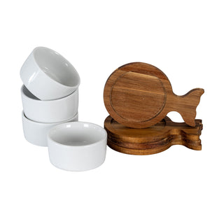 Set Of 4 Acacia Fishtail Serving Trays with Ceramic Bowls - Canwell Interiors Limited - Hills
