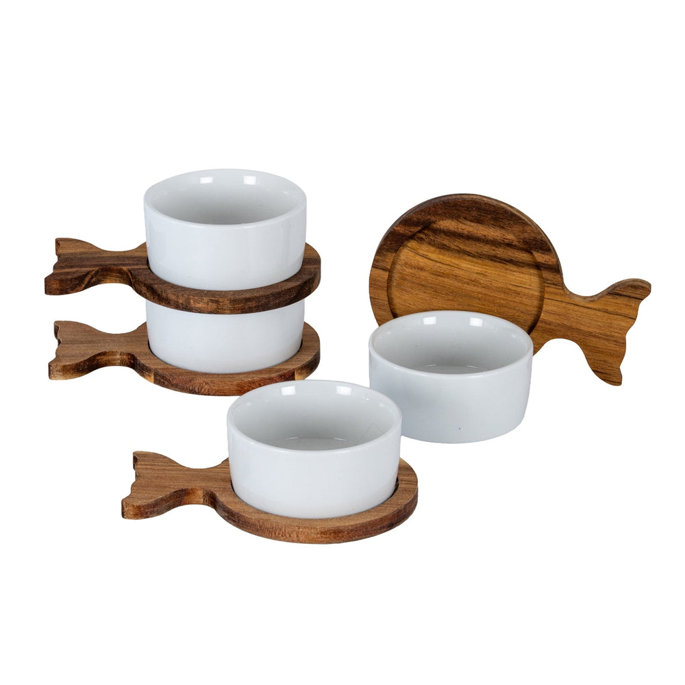 Set Of 4 Acacia Fishtail Serving Trays with Ceramic Bowls - Canwell Interiors Limited - Hills