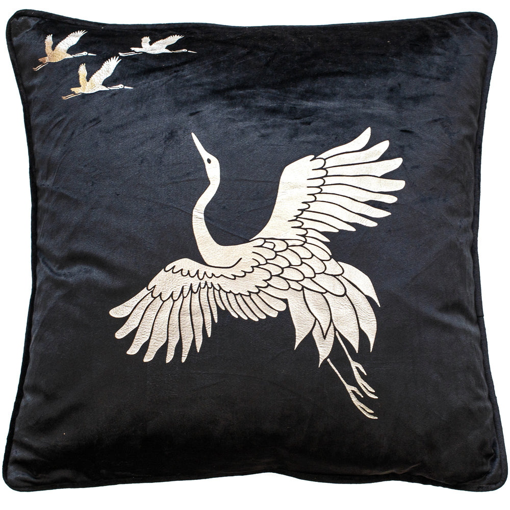 Silver Foil Crane on Black Velvet 45x45 - Canwell Interiors Limited - Malini
