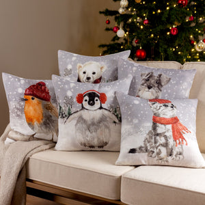 Snowy Penguin with Earmuffs 43x43 Feather Filled Cushion - Canwell Interiors Limited - Riva