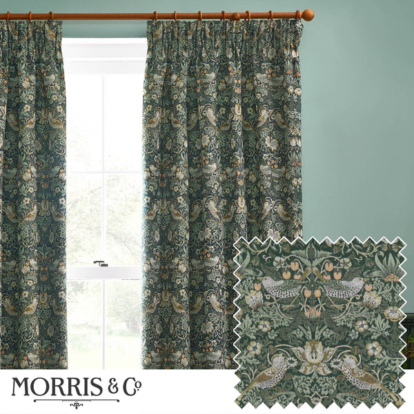 Strawberry Thief Jacquard 228x228 Pencil Pleat Curtains Forest Green - Canwell Interiors Limited - Riva