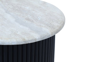 Walton Travertine Top Side Table with Black Acacia Wood Base - Canwell Interiors Limited - Xshowhome