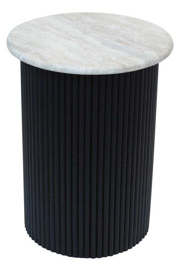 Walton Travertine Top Side Table with Black Acacia Wood Base - Canwell Interiors Limited - Xshowhome