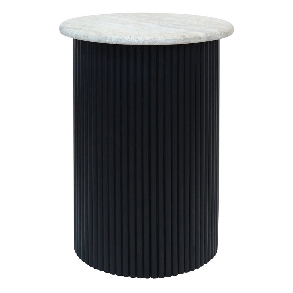 Walton Travertine Top Side Table with Black Acacia Wood Base - Canwell Interiors Limited - Xshowhome