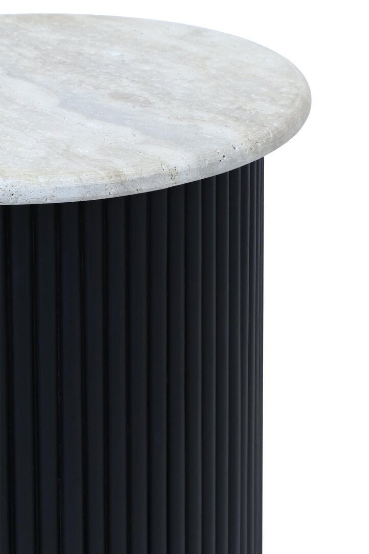 Walton Travertine Top Side Table with Black Acacia Wood Base - Canwell Interiors Limited - Xshowhome