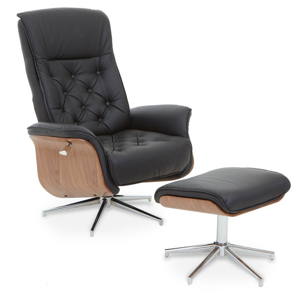 Warrington Black Leather Effect Recliner And Footstool - Canwell Interiors Limited - Xshowhome