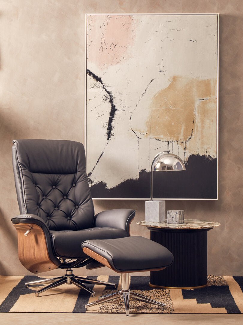 Warrington Black Leather Effect Recliner And Footstool - Canwell Interiors Limited - Xshowhome