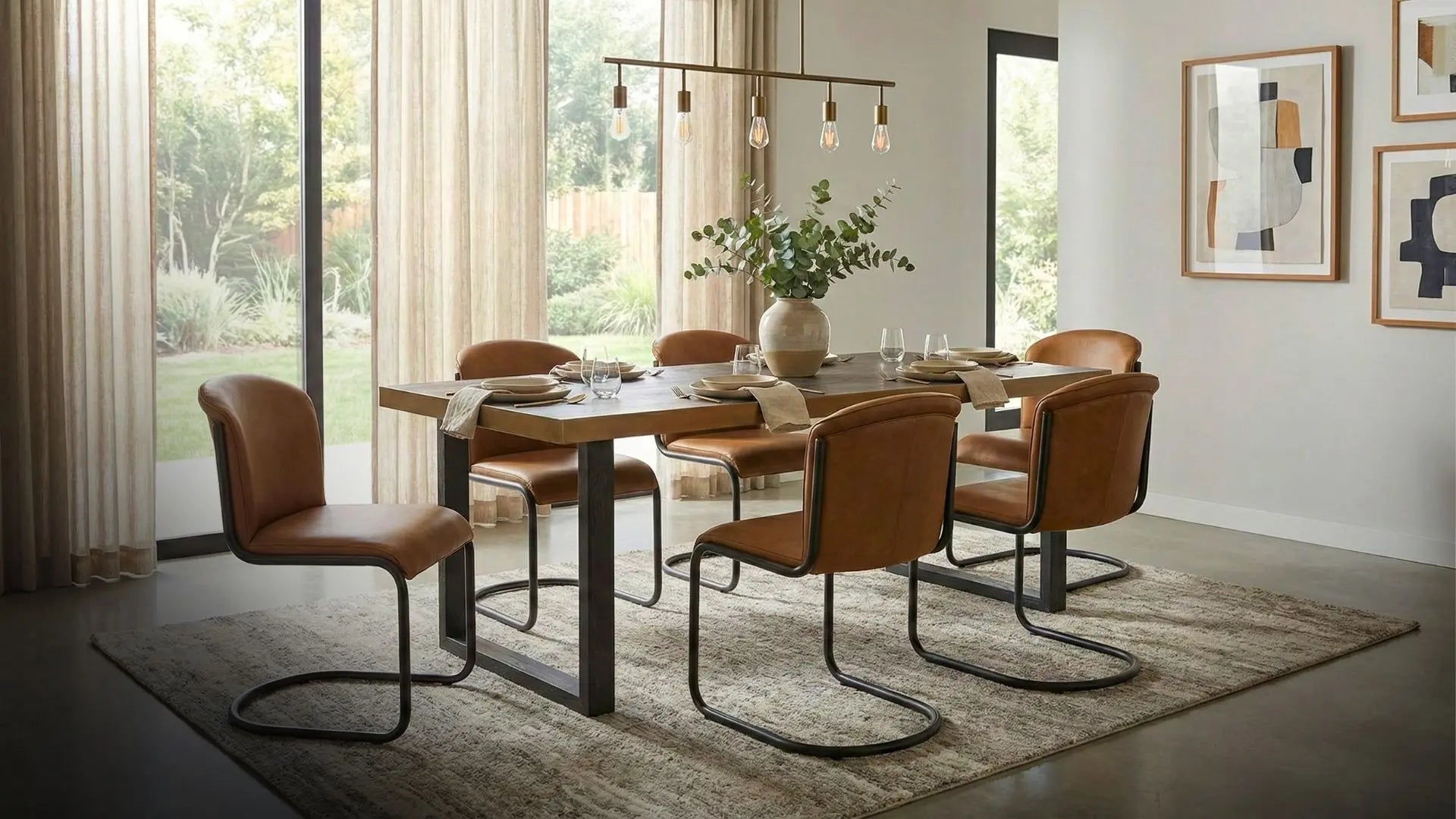 Dining room with a wooden table and brown chairs in a well-lit room.