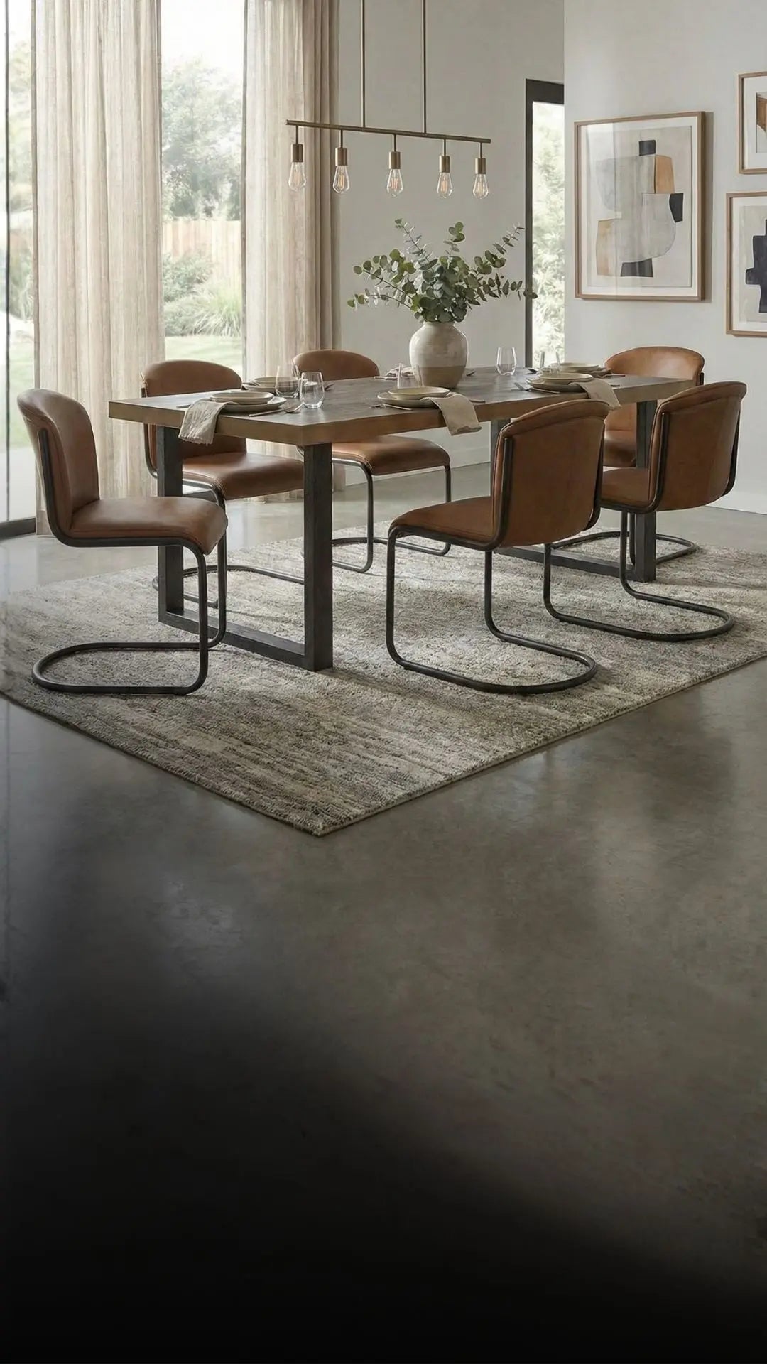 Dining room with wooden table and chairs in a modern interior setting.